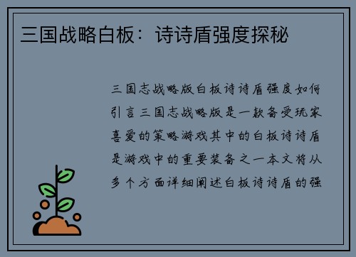 三国战略白板：诗诗盾强度探秘